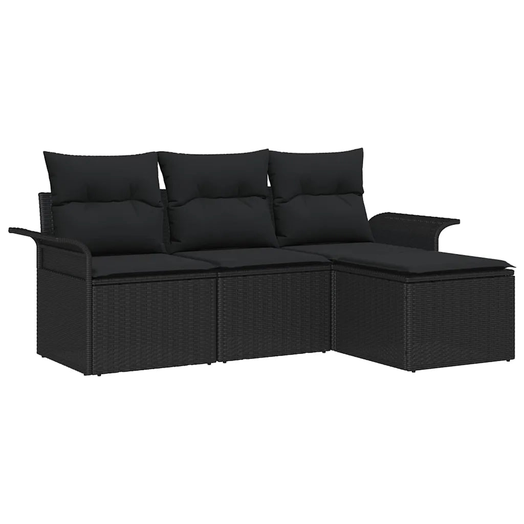 Set Divano da Giardino con cuscino 4 pz | Set Salotto da Giardino Nero Poly Rattan