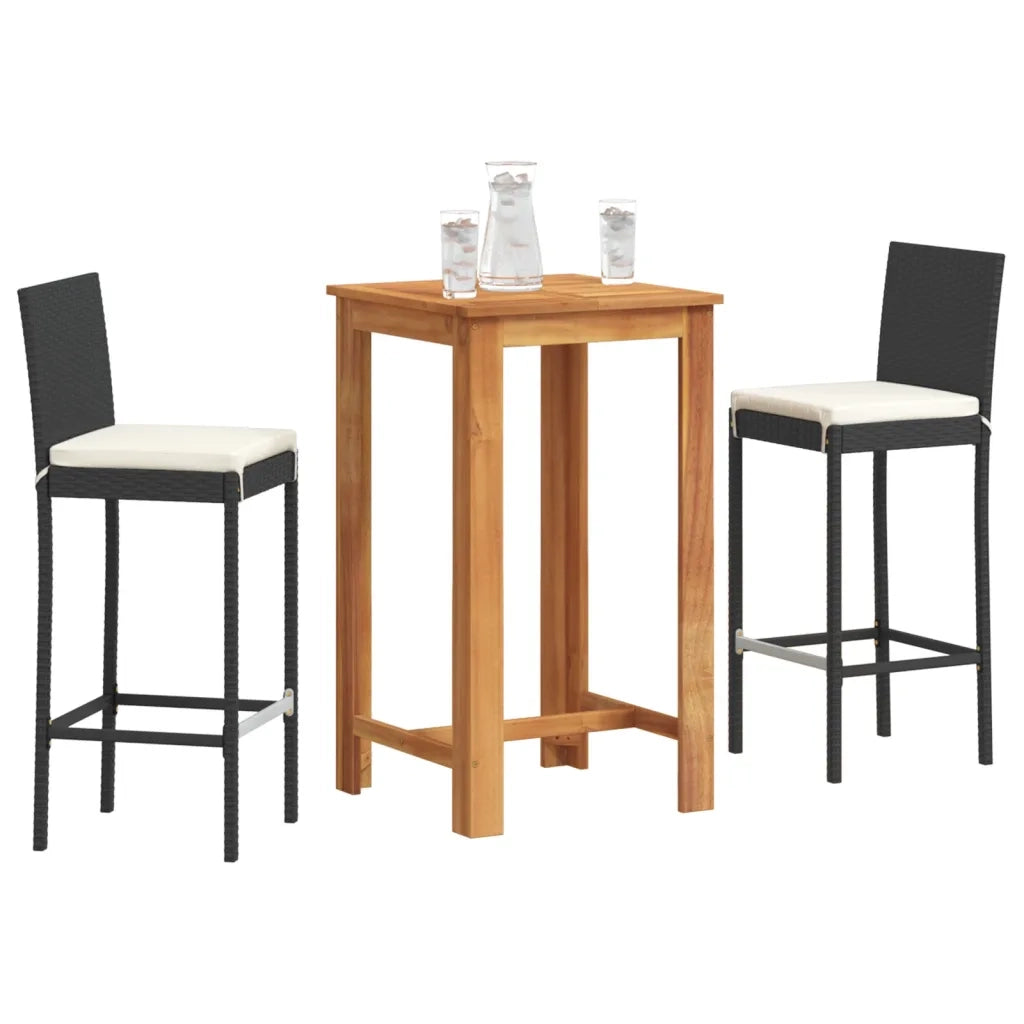Set Bar da Giardino 3 pz | Set Salotto da Giardino Nero in Legno Acacia e Polyrattan