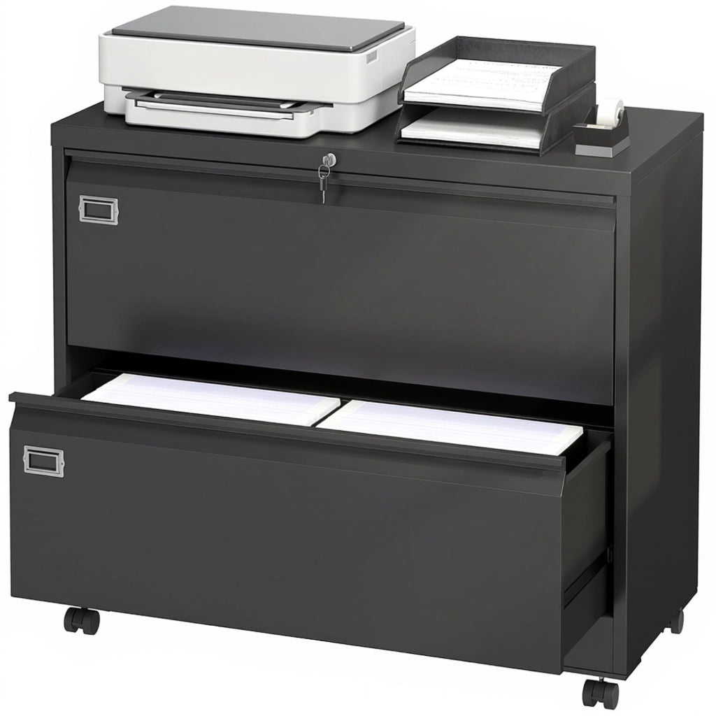 Cassettiera a rotelle con 2 cassetti a chiavetta e appendice regolabile ¨C zephmum ¨C 90x40x77 cm Nero