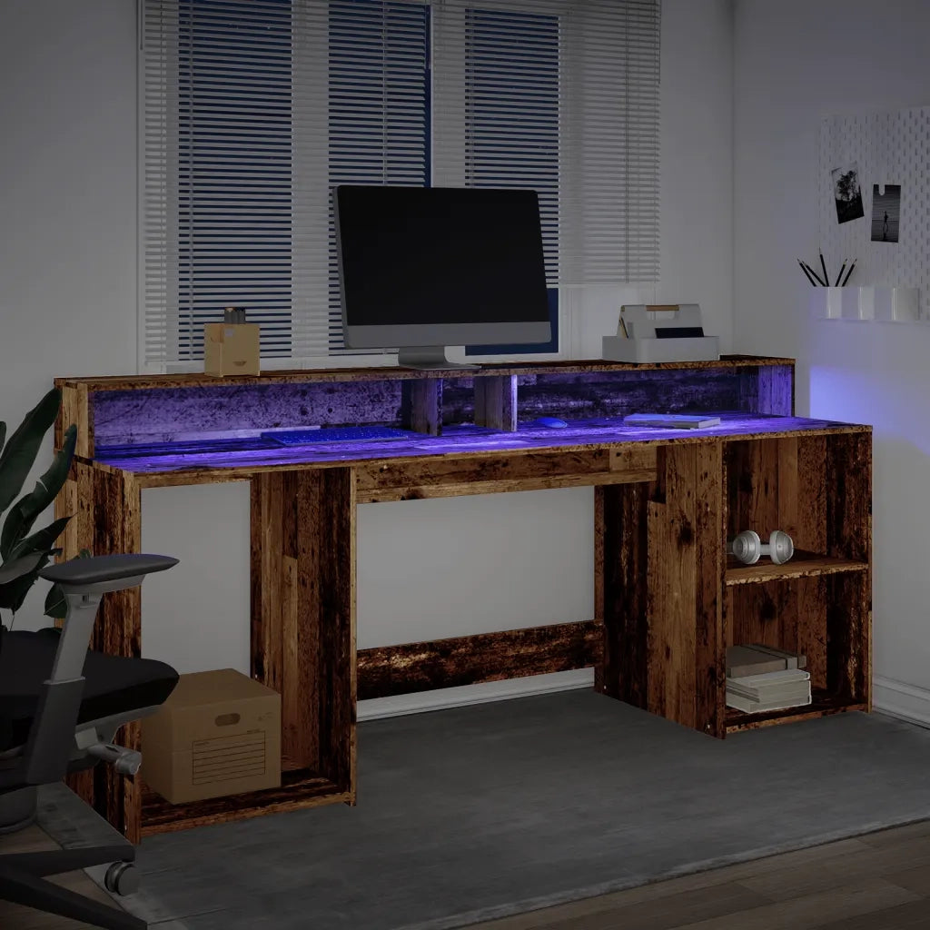 Scrivania | Tavolo da Ufficio con Luci LED Legno Antico 200x55x91 cm in Truciolato