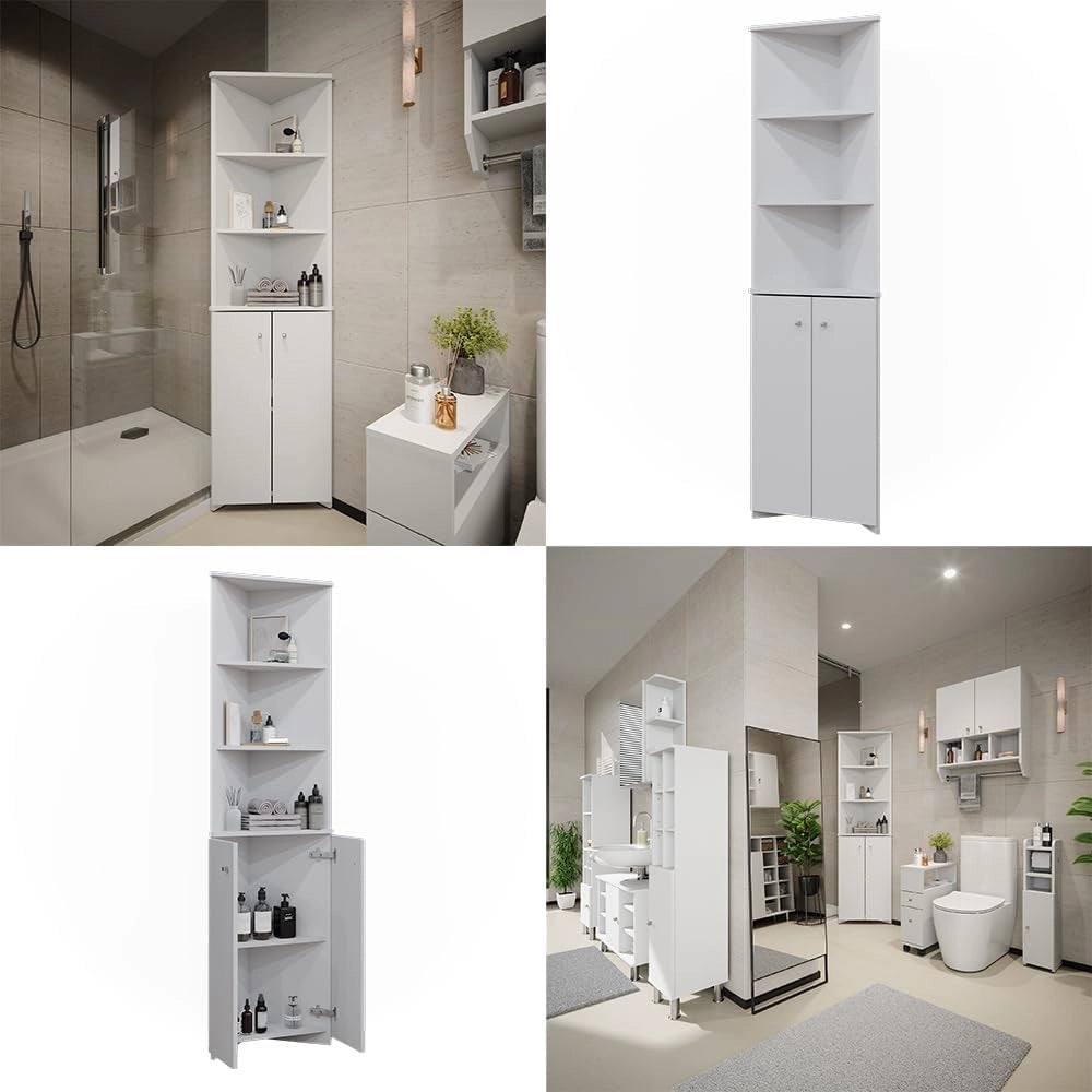 Armadio per il bagno Fynn, Bianco, 51.5 x 175 cm Armadio angolare a 2 ante, da parete per la conservazione di accessori da bagno