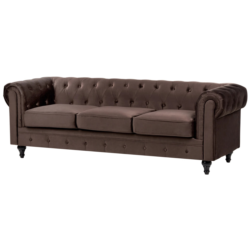 Divano Chesterfield classico capitonné a 3 posti in velluto marrone scuro stile Contemporaneo