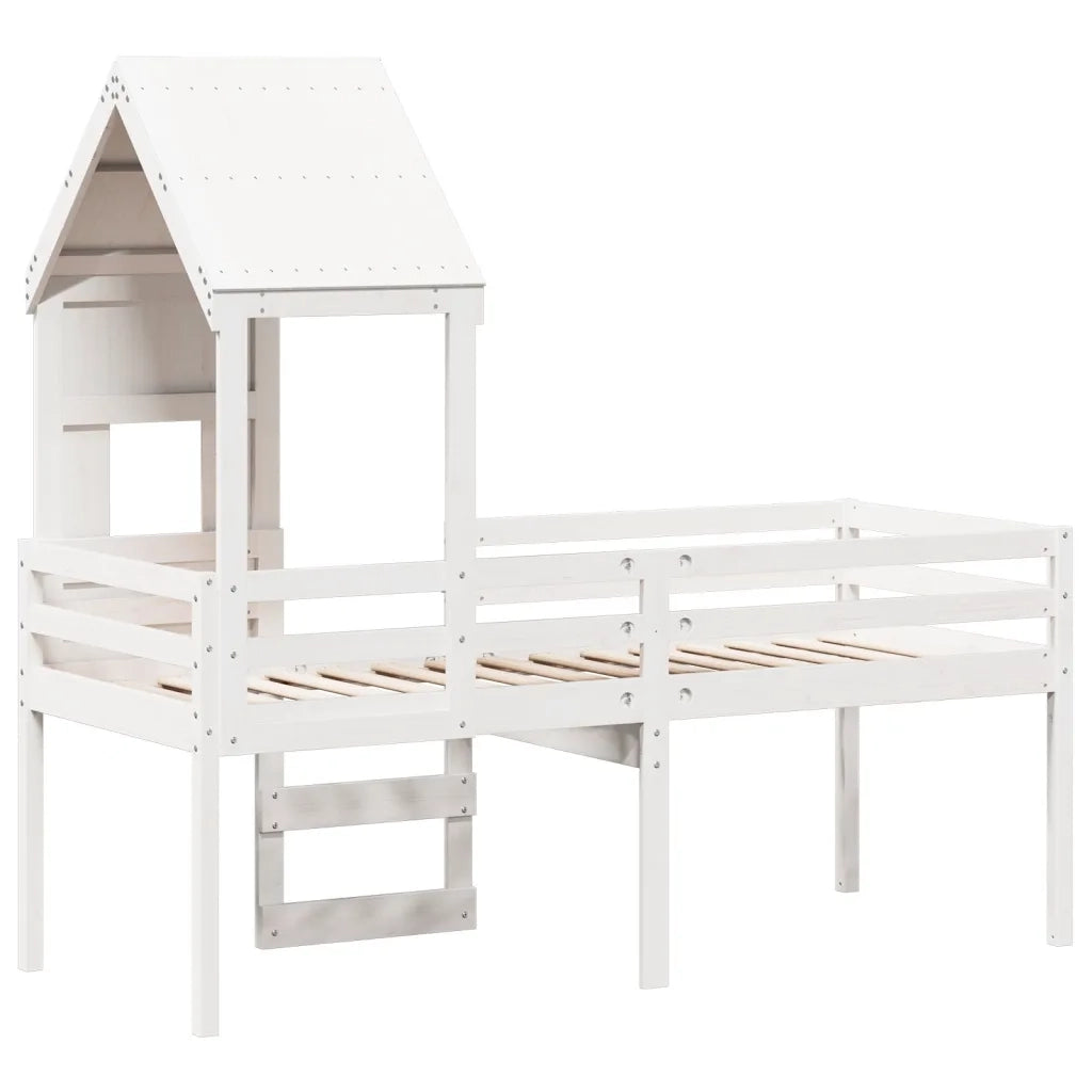 Letto singolo | Letto per adulti | Letto a Soppalco con Tetto Bianco 80x200 cm in Legno di Pino