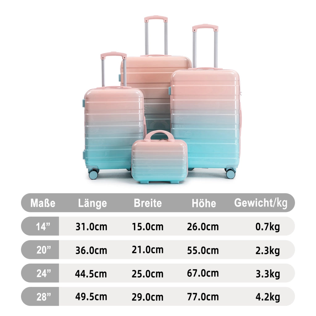 Carrello pieghevole set da viaggio con 4 valigie, ruote girevoli e lucchetto a combinazione, pc rosa, 50.0 × 29.5 × 77.5 cm