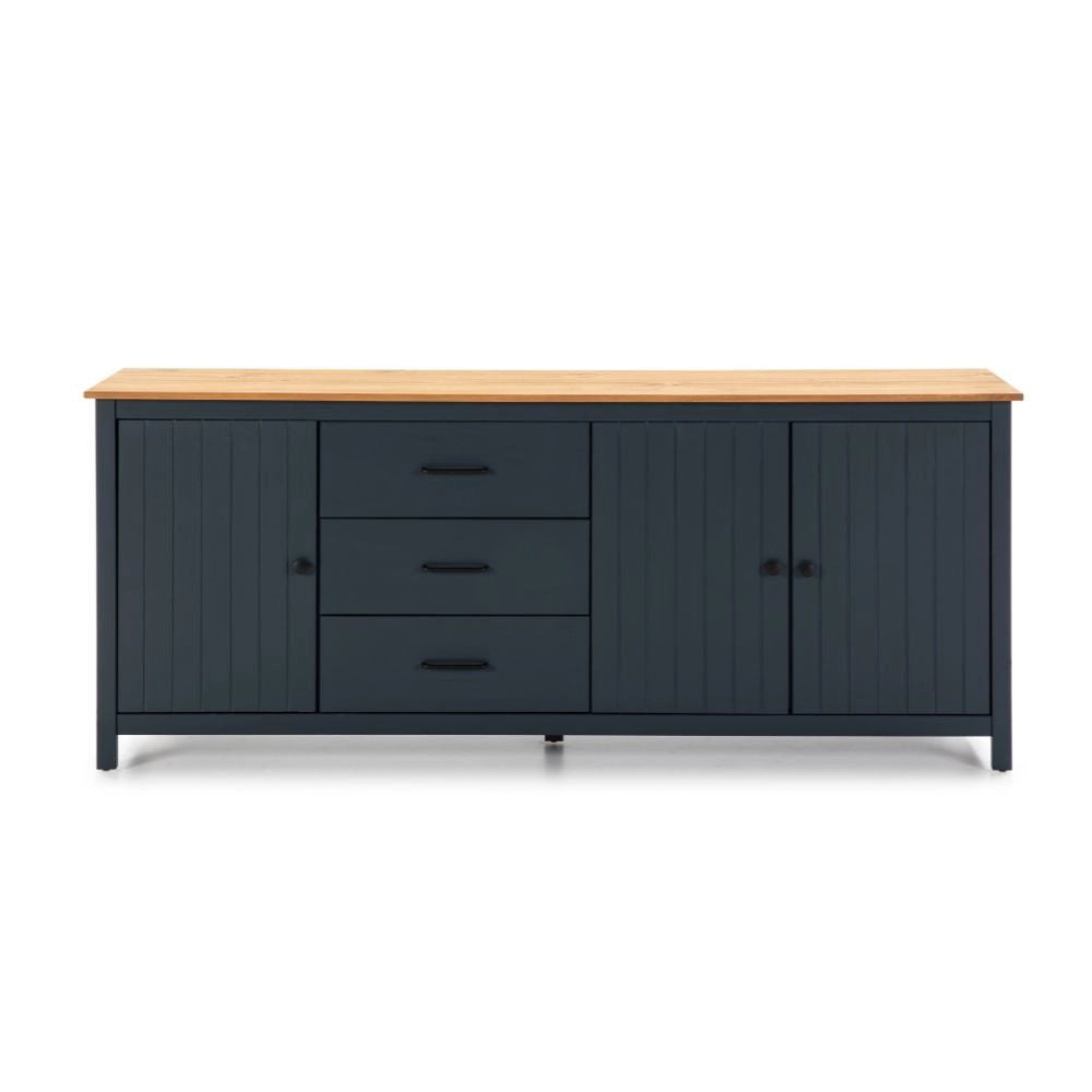 Credenza Miranda in legno massiccio colore blu e pino 191x40x80H - 3 Ante e 3 cassetti