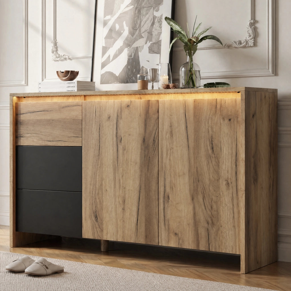 Credenza, 3 cassetti, illuminazione a LED, 120 x 76 x 40 cm, color legno naturale e nero