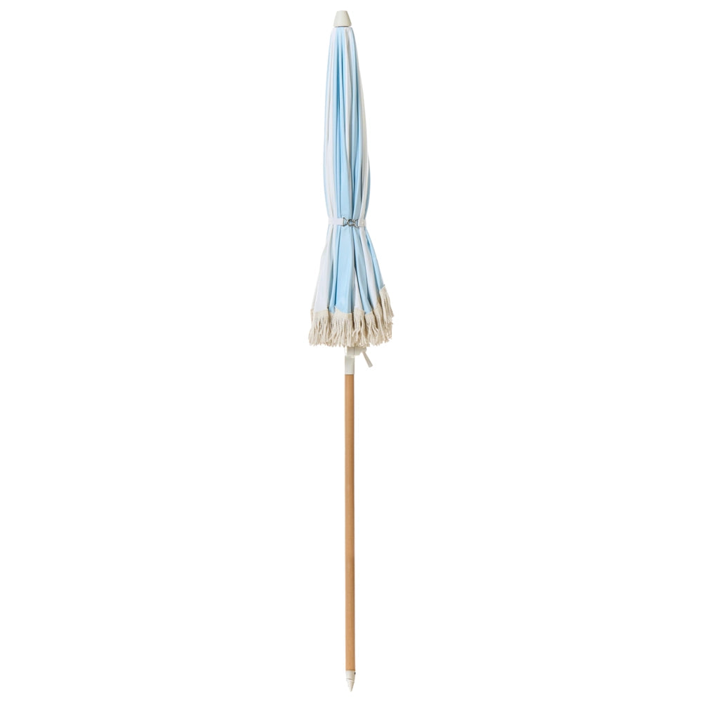 Ombrellone giardino tessuto azzurro e bianco palo in legno faggio 150 cm Ombrellone esterno rotondo giardino retrò inclinabile resistente ai raggi UV