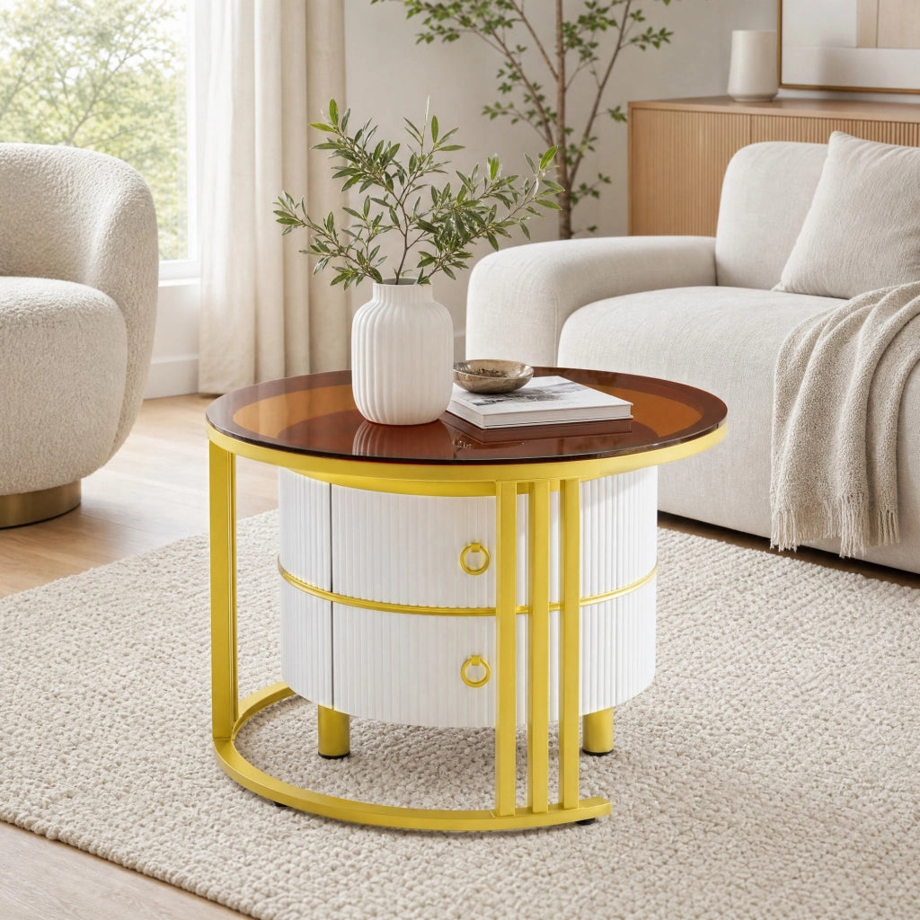 Set di 2 tavolini rotondi bianchi con vetro temperato e 2 cassetti