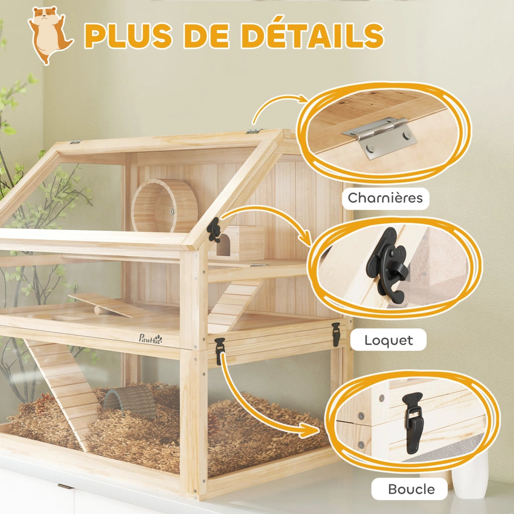Gabbia per criceti 3 livelli con altalena e casetta - Xylo - 80x50x76cm legno naturale