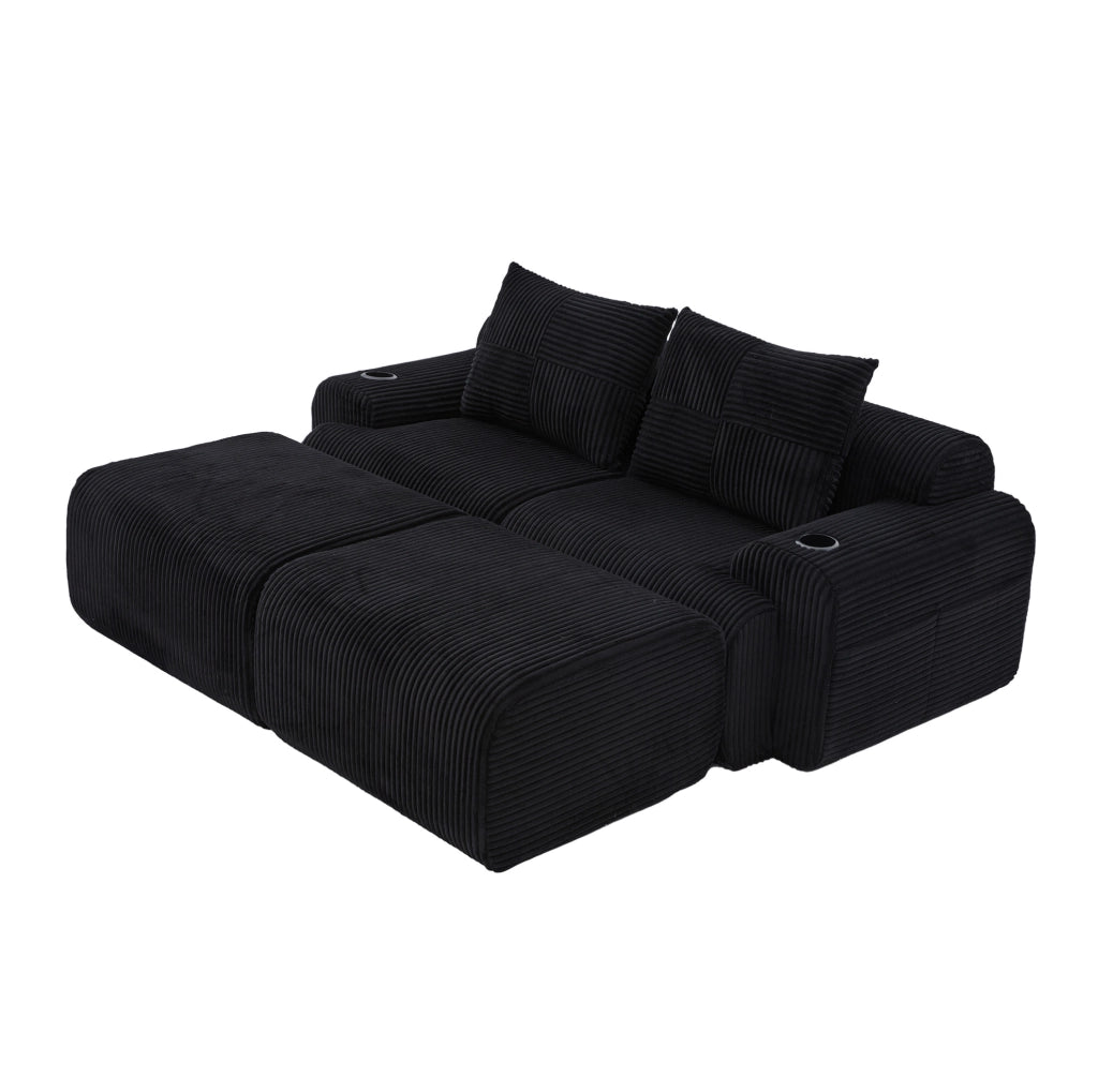 Divano modulare a 2 posti in tessuto corduroy nero con portabicchieri e tasca laterale; 200 x 174 x 80 cm