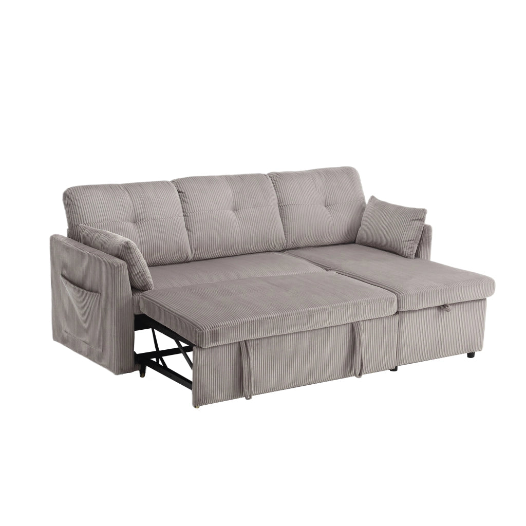 Divano letto angolare con contenitore e letto estraibile; chaise intercambiabile; grigio chiaro in velluto a coste