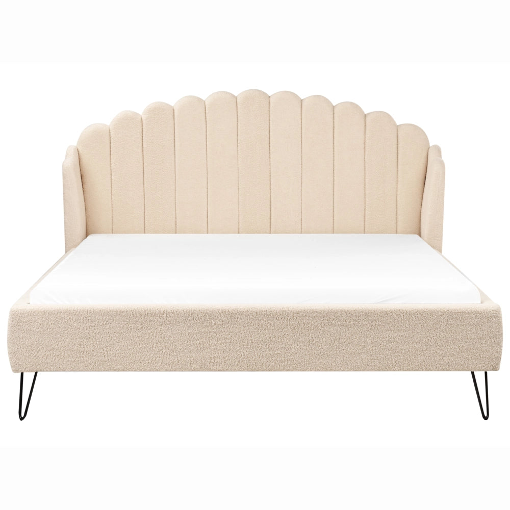 Letto matrimoniale con rete in tessuto bouclè beige 180 x 200 cm gambe in metallo testata retro capitonné