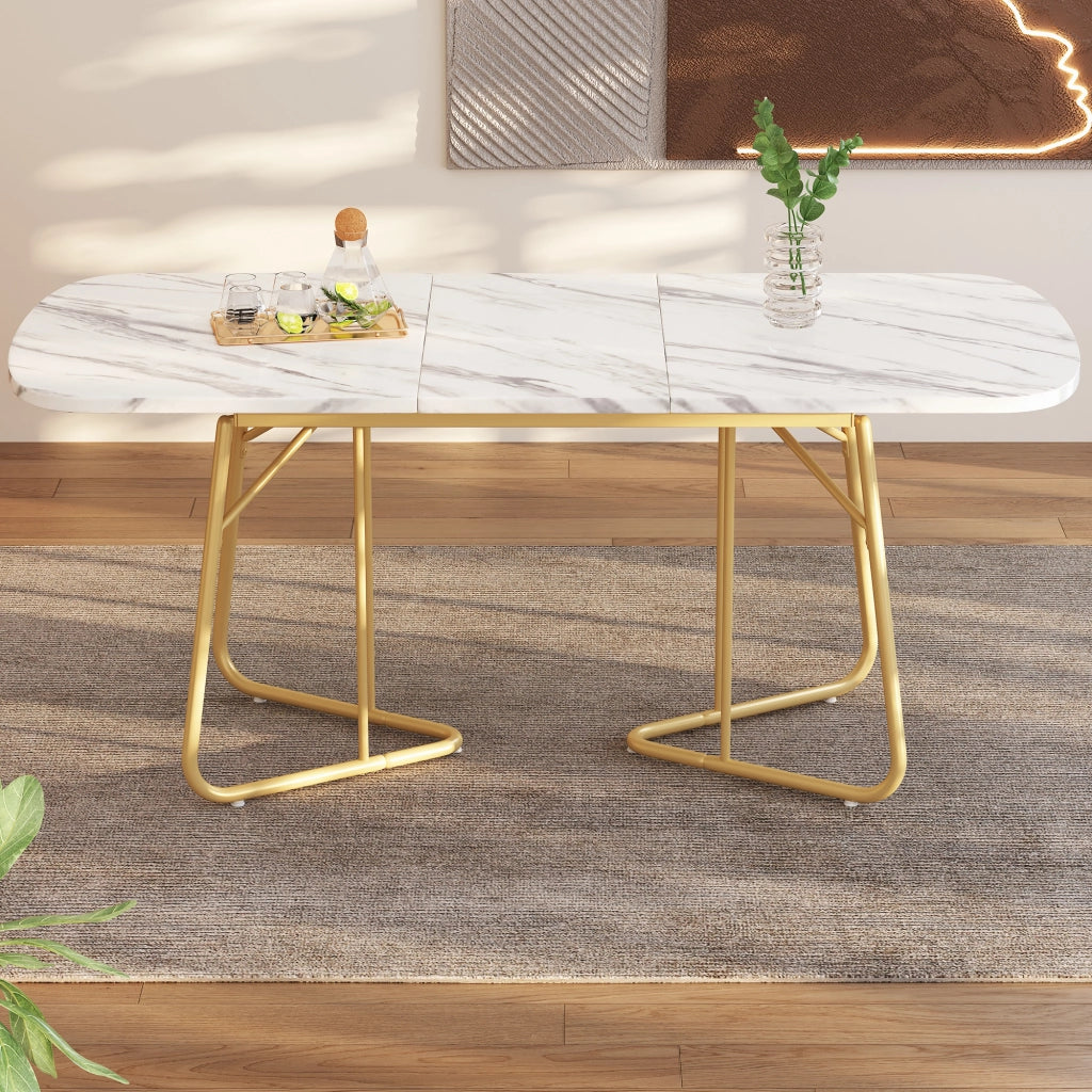 Tavolo allungabile da pranzo in MDF effetto marmo bianco con gambe in metallo dorato per sala da pranzo moderno