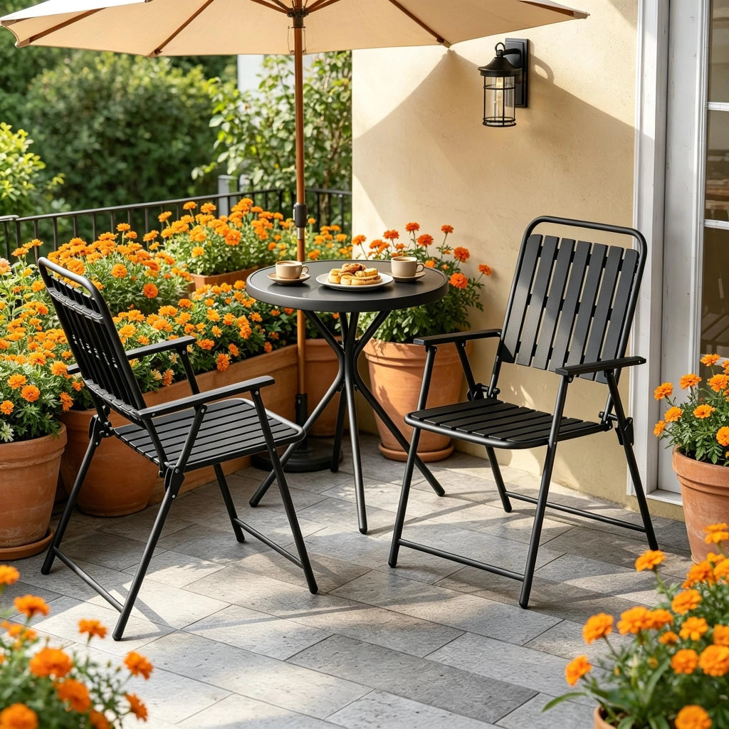 Tavolo E Sedie Da Giardino Pieghevoli - Salvaspazio - Tavolo 60 X 70 Cm - Ferro Vetro E Pp - Nero - Per Balcone E Giardino - Facile Da Riporre