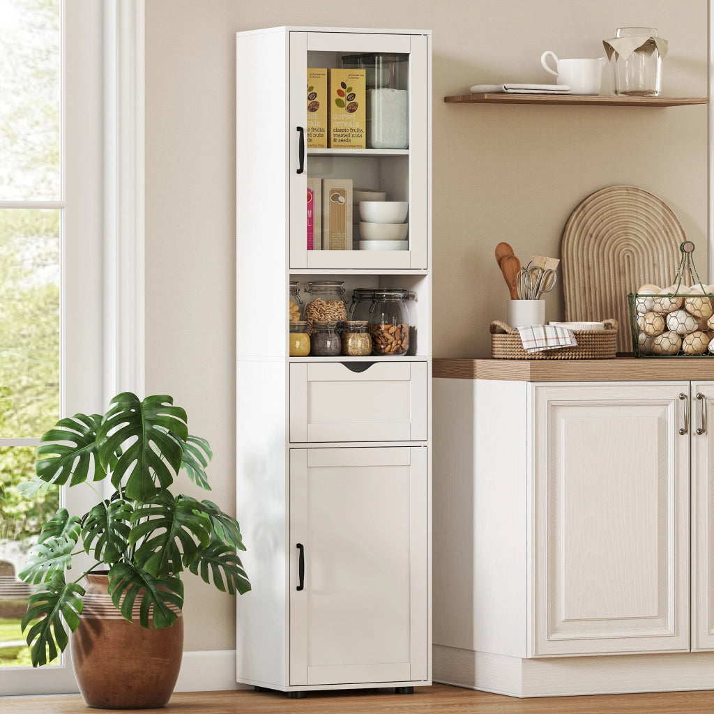 Colonna Bagno in Legno con 2 Armadietti, Cassetto e Ripiano Aperto, 40x30x165 cm, Bianco