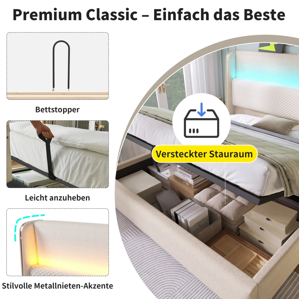 LETTO matrimoniale idraulico 180x200 cm beige in lino con LED e porte USB/Type-C
