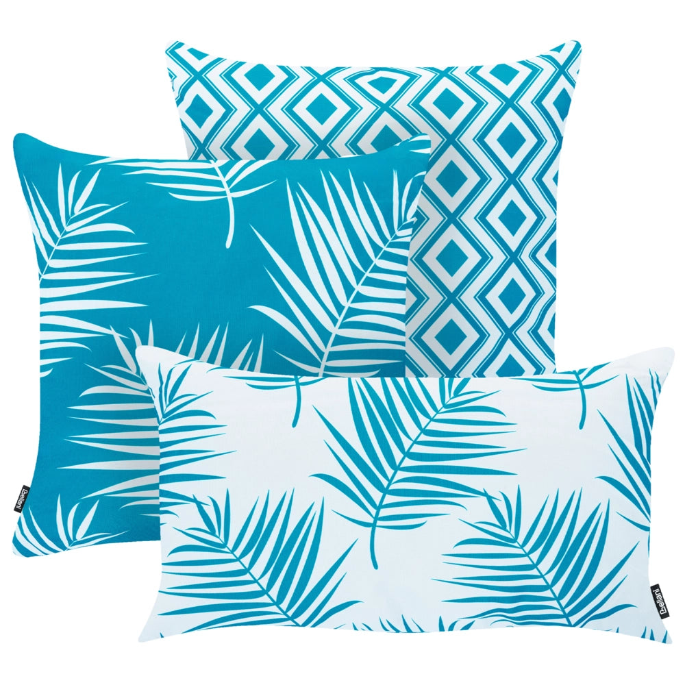 Set di 3 cuscini decorativi da esterno, in poliestere bianco e blu, accessori da giardino, motivo floreale