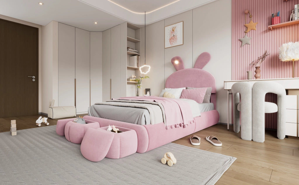 DESMIU Letto singolo 1 posto con LED regolabile e 2 pouf contenitore, 90 × 200 cm, senza materasso