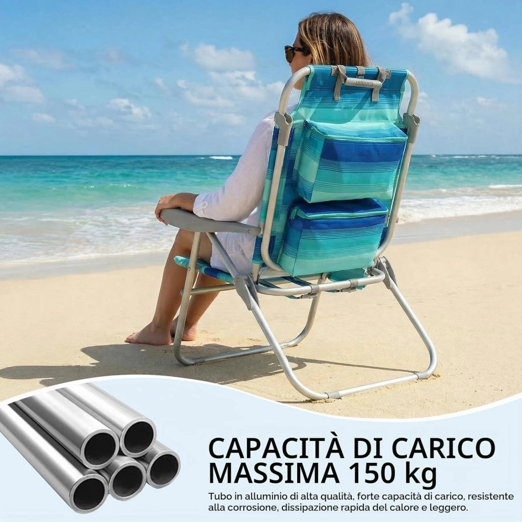 Sedia da Spiaggia Pieghevole in Lega di Alluminio, Sedia Pieghevole Leggera e Portatile come uno Zaino, Sedia Campeggio, Reclinabile, Capacità Carico fino a 150 kg, Sedia Pieghevole Esterni