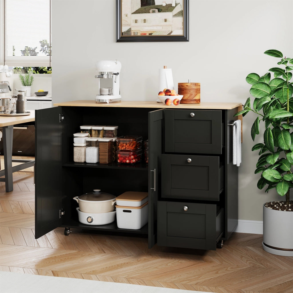 Carrello cucina mobile pieghevole con piano effetto rovere, 3 cassetti, armadio a 2 ante, ruote frenanti