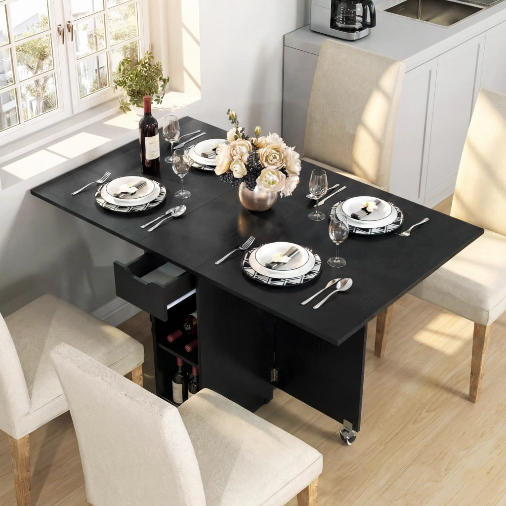 Tavolo pranzo pieghevole 2 ruote ribalta piccoli spazi 2 ripiani-Tavolo cassetto Nero