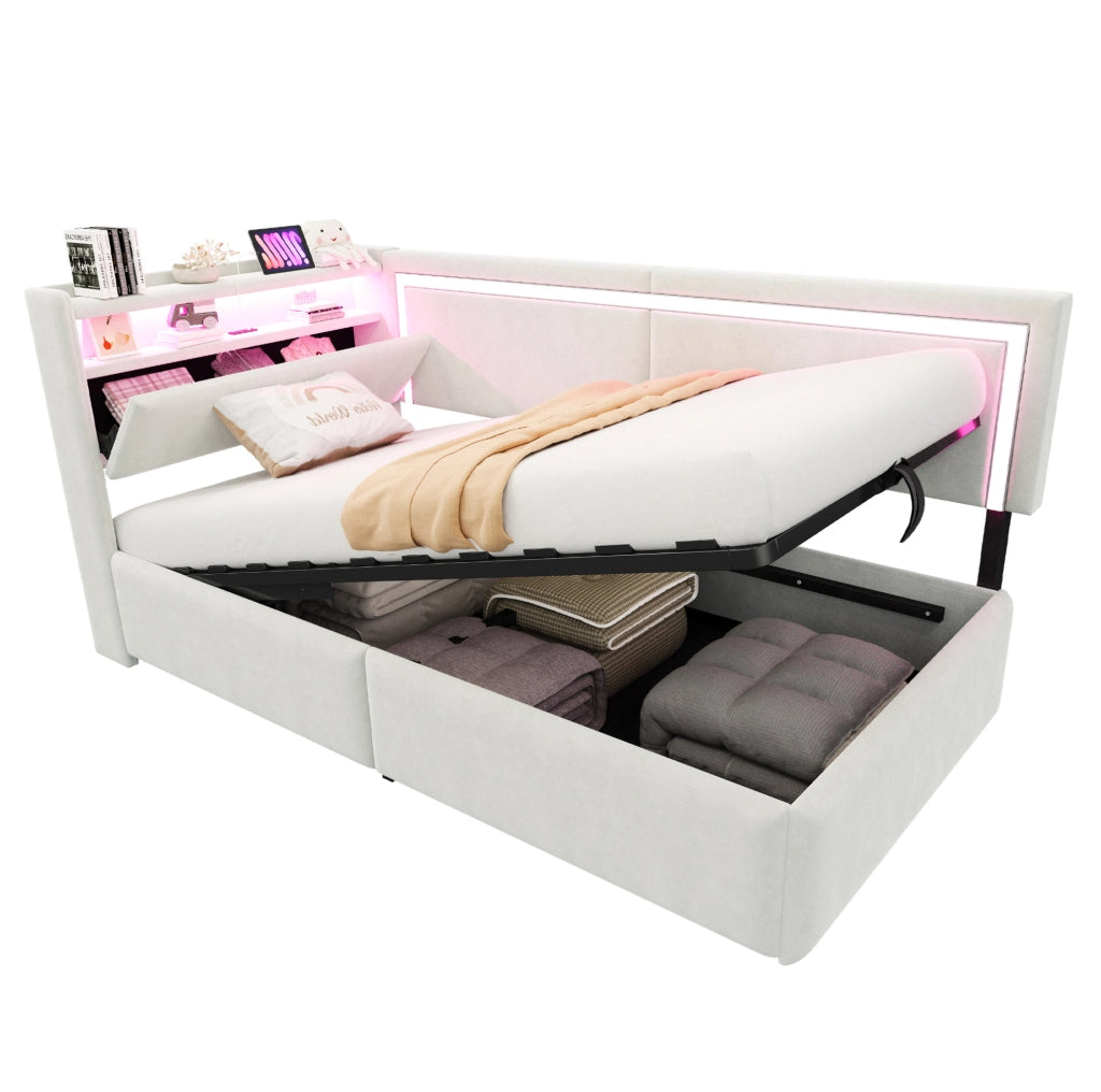 Letto imbottito con divano letto, contenitore idraulico e luce LED