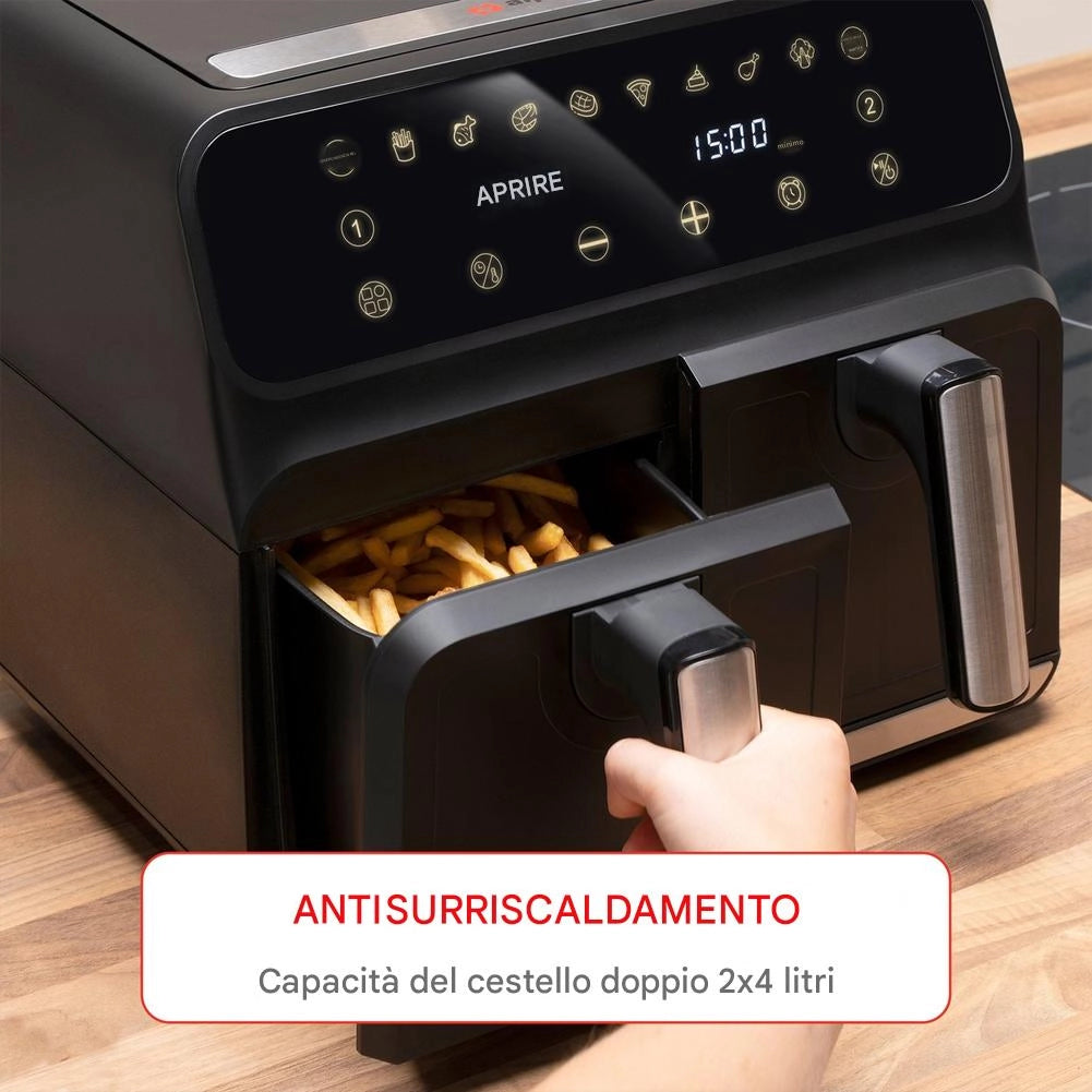 Double Air Fryer Friggitrice Aria Calda Doppio Cestello 8L  Display Digitale 1700W Sync Finish Nero