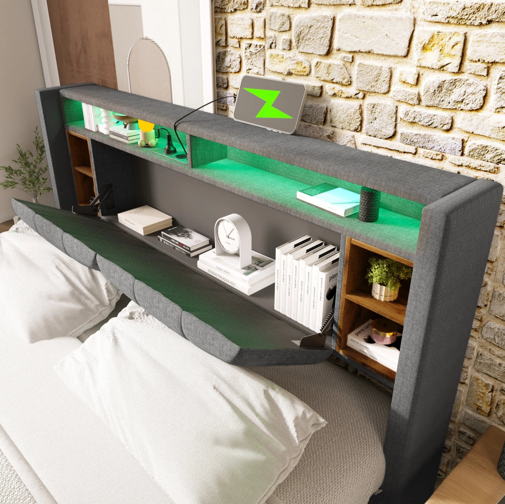 Letto imbottito con testiera contenitore, USB, prese e LED, 140x200 cm, grigio