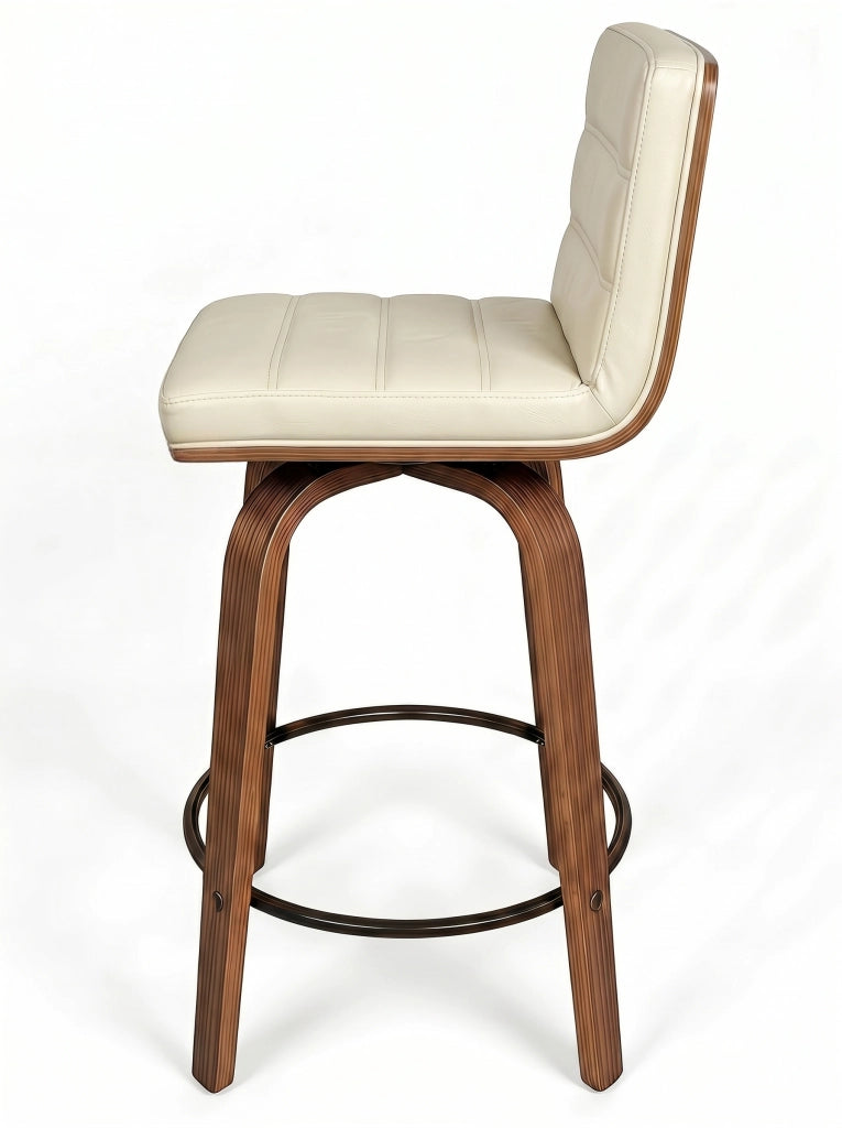Sgabello da bar in pelle PU con schienale ergonomico, anello poggiapiedi e gambe in legno e metallo, crema