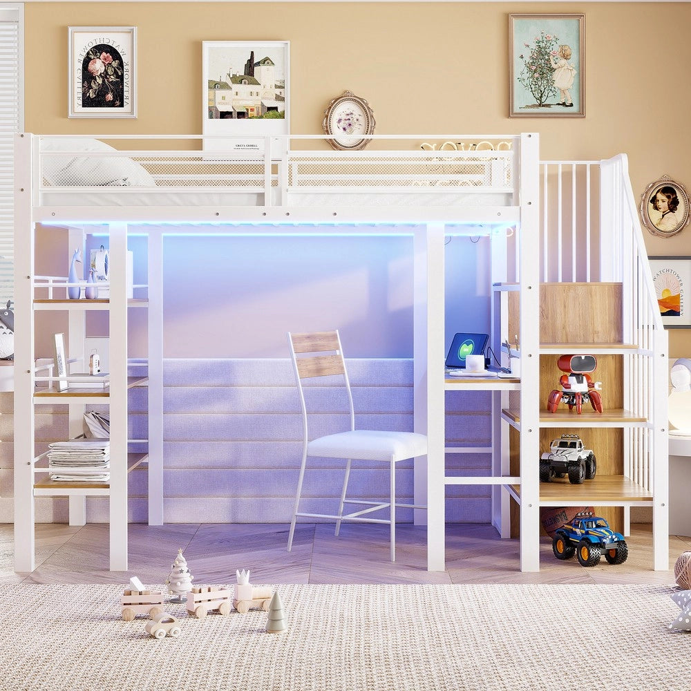 Letto a Soppalco Singolo con LED, Rete a Doghe e Libreria ¨C MINIMAL ¨C Bianco 90x200