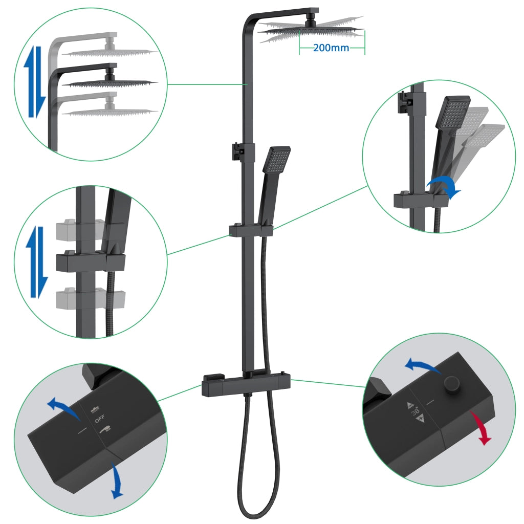 AICA Set Doccia Completo Nero con Soffione, Doccetta, Rubinetto e Saliscendi Quadrati, Miscelatore Termostatico Doccia