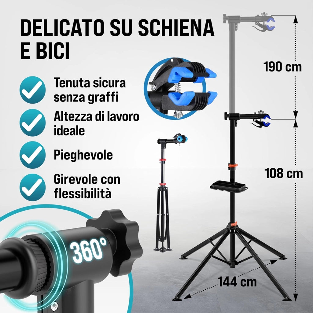 ® Cavalletto Biciclette Max 30 Kg con Borsa per Trasporto Pieghevole Pieghevole Asta Regolabile Ripiano Attrezzi Riparazioni E-Bike