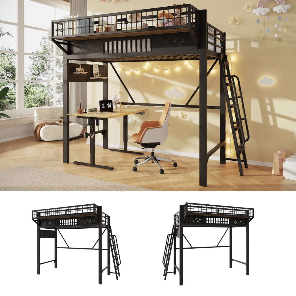 Letto a soppalco 90x200 cm per 2 persone, letto alto con ripiani portaoggetti e spazio aperto sottostante, metallo nero