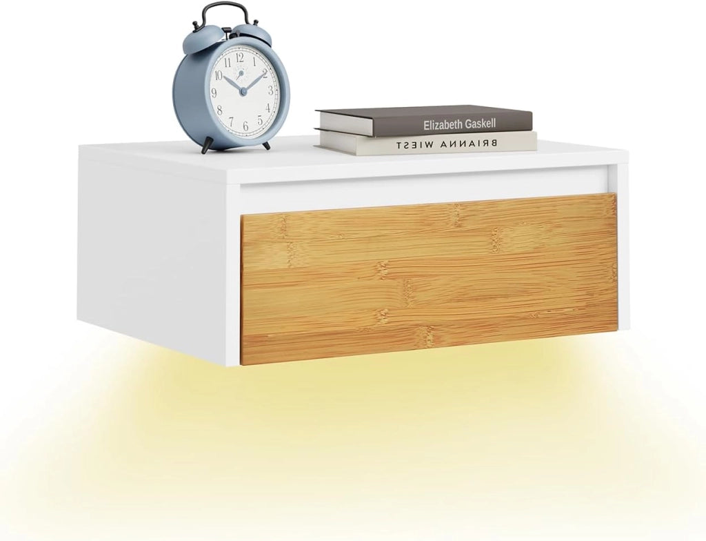 Comodino camera da letto sospeso con lampada a sensore di movimento rimovibile e 2 cassetti, Comodino da parete per camera da letto e ingresso, 40x29.8x25.6cm, Bianco Naturale, FBT175-E-WN