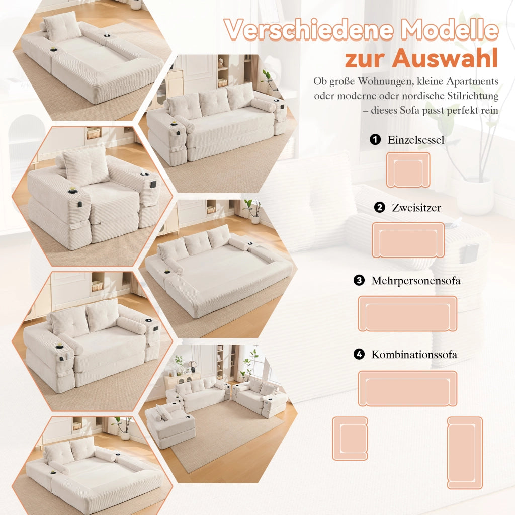 Divano letto modulare con seduta in schiuma e molle, tasche laterali e portabicchieri in velluto a coste beige