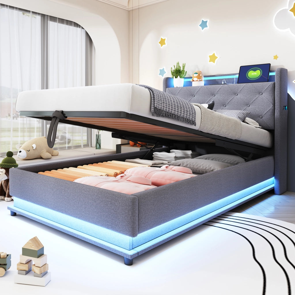 DESMIU Lit simple 90 × 200 cm con LED, USB, Type-C, vano idraulico e senza materasso, in lino, grigio