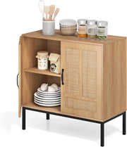 Credenza Cucina con 2 Ante in Rattan, Ripiano Regolabile in 3 Posizioni, Gambe in Metallo, Kit Antiribaltamento, Mobile Cucina Dispensa, Mobiletto per Soggiorno, Sala da Pranzo (Naturale)