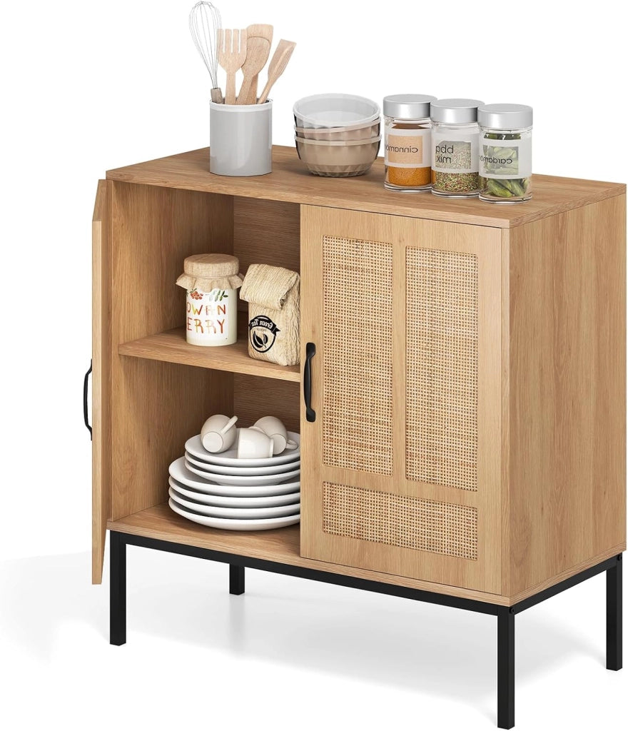 Credenza Cucina con 2 Ante in Rattan, Ripiano Regolabile in 3 Posizioni, Gambe in Metallo, Kit Antiribaltamento, Mobile Cucina Dispensa, Mobiletto per Soggiorno, Sala da Pranzo (Naturale)