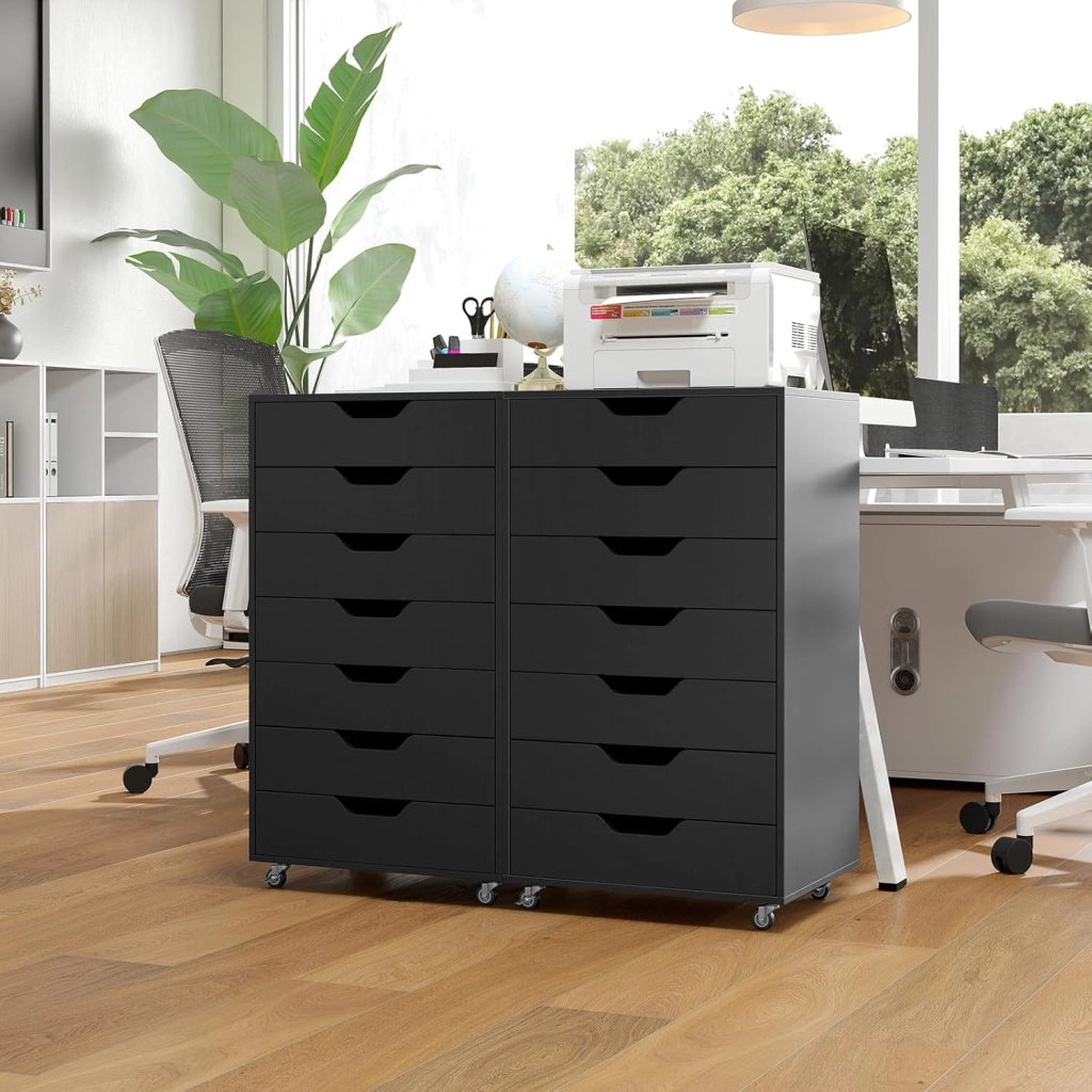 Cassettiera Ufficio con 7 Cassetti, Cassettiera Scrivania con 4 Ruote Bloccabili, Schedario Portadocumenti in Legno, per Stampante per Studio, Camera da Letto, 49 x 40 x 87 cm (Nero)