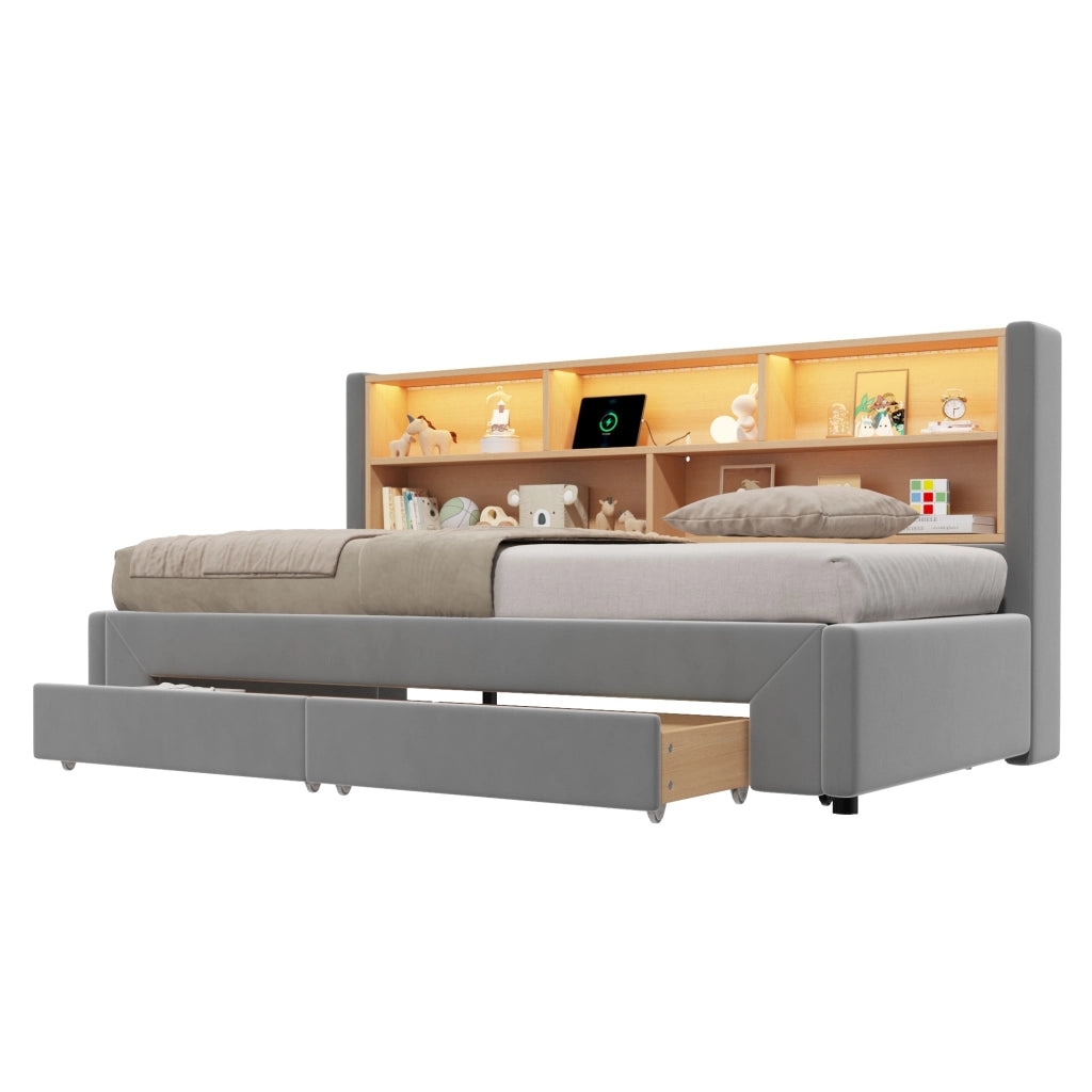 Letto divano estraibile 90x200 cm in velluto grigio con LED e 2 cassetti