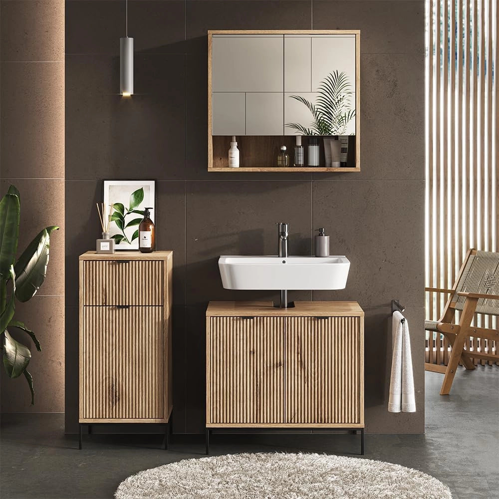 Set di mobili da bagno Eliza, Quercia vichinga, 70 cm, composto da mobile sottolavabo, specchiera e mobile medio
