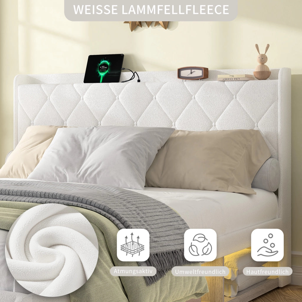 Letto matrimoniale 160 × 200 cm con USB, LED, ripiano in testiera e contenitore, senza materasso, bianco