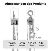 Paranco a catena manuale VX-0.25 in alluminio, capacità di carico 250 kg, altezza di sollevamento 3 m, catena di carico G100, leggero e compatto, per impieghi gravosi