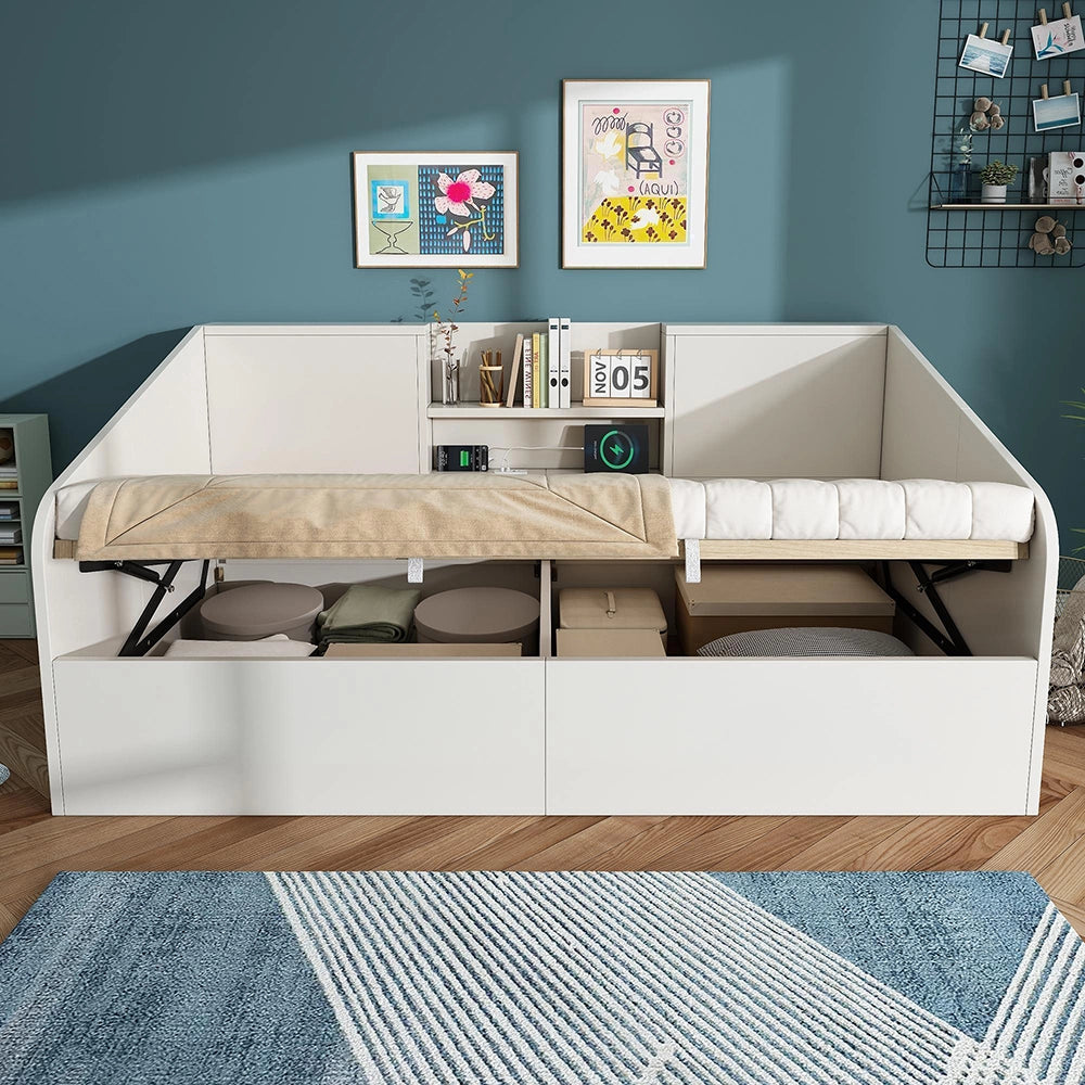 Letto giorno-Xylo-90x200cm legno 2 ripiani USB idraulico bianco senza materasso