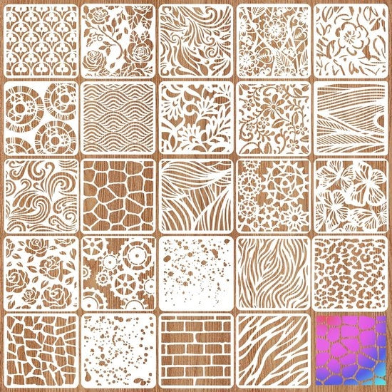 Schede per pittura 24 pezzi - Tessuto misto - Stencil geometrico - Overlay riciclabile - 10 cm x 10 cm - Materiale PET