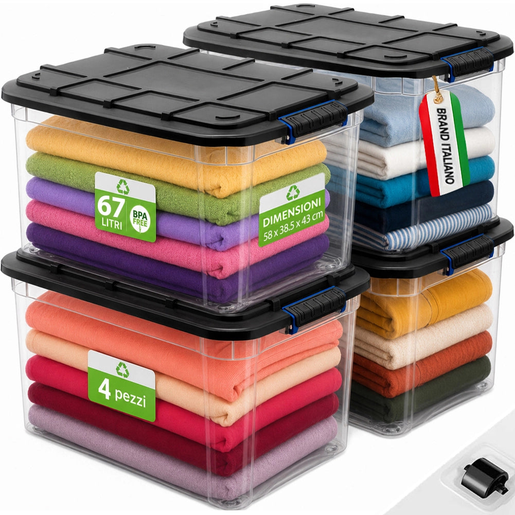 Set 4 Pezzi Contenitori con Coperchio 58x38,5x43 cm Storage Box Solid Cargo Capienza 67L in Plastica