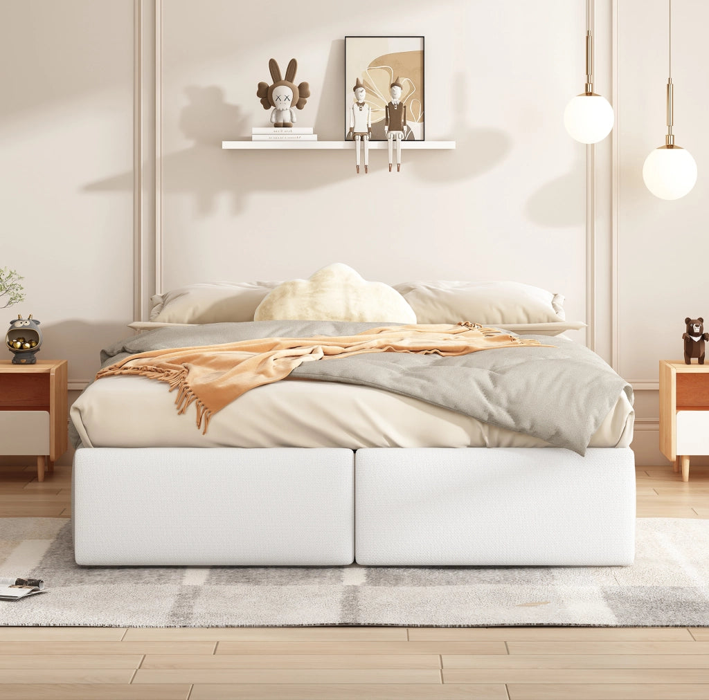 Letto imbottito 140x200 cm con contenitore idraulico e 2 cassetti; lino e MDF bianco