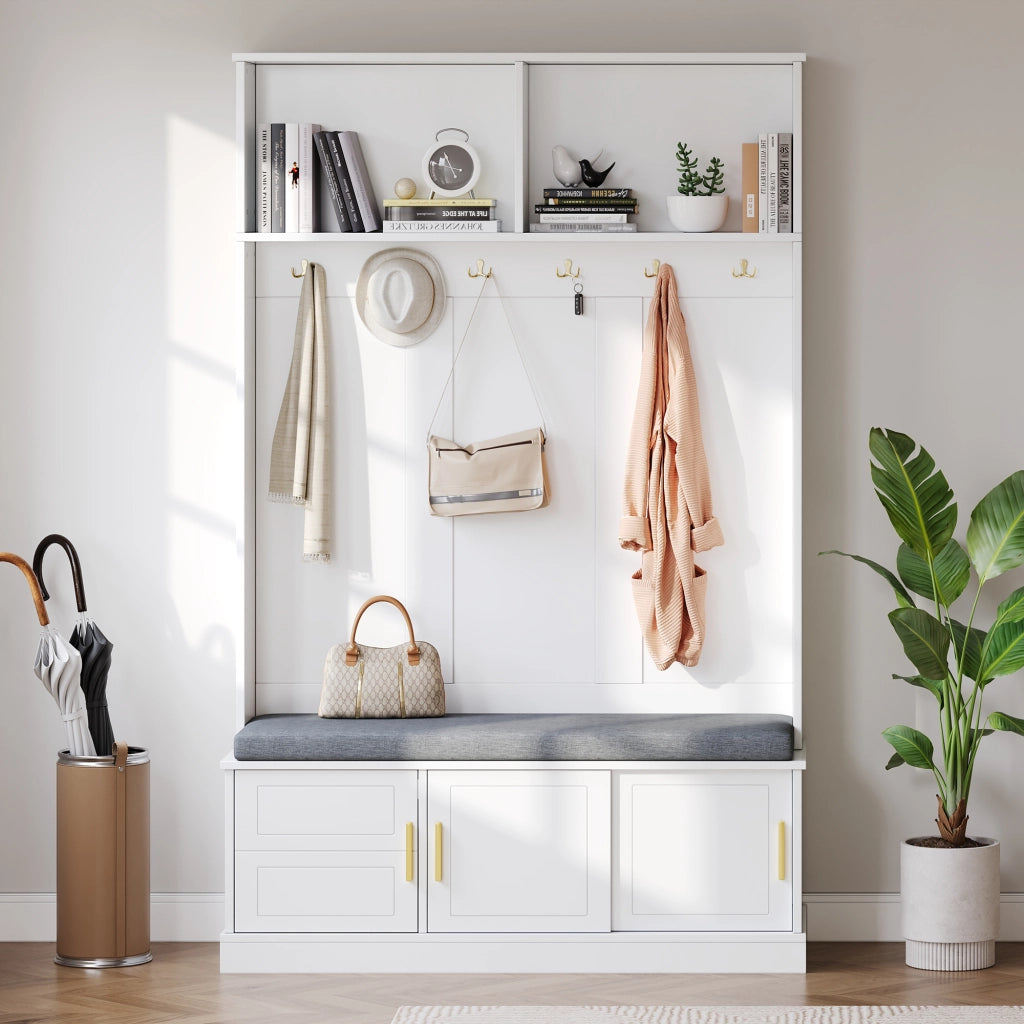 Appendiabiti con Panca Scarpiera e Ripiano; 6 Ganci; Dispositivo Antiribaltamento; Stile Moderno; in Pannello di Truciolare; Bianco; 120??40??191 cm