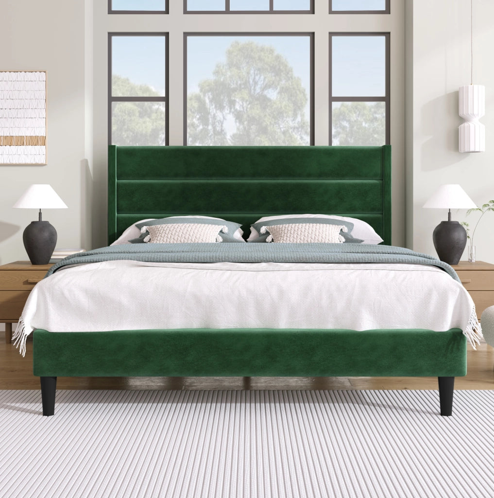 Letto matrimoniale 140x200 cm in velluto verde scuro con testiera e rete a doghe