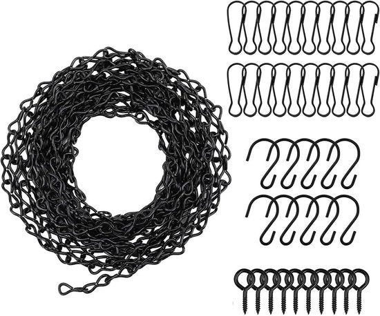 Catenelle adattabili da appendere - 500 cm - 10 ganci, 20 clip, 10 ganci a vite - Catenella in acciaio nero per alimentatori per uccelli, vasi per piante, pannelli pubblicitari
